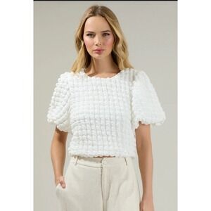 Kori XL Bubble Textured Top Puff Sleeve Blouse‎ Trendy White NWT